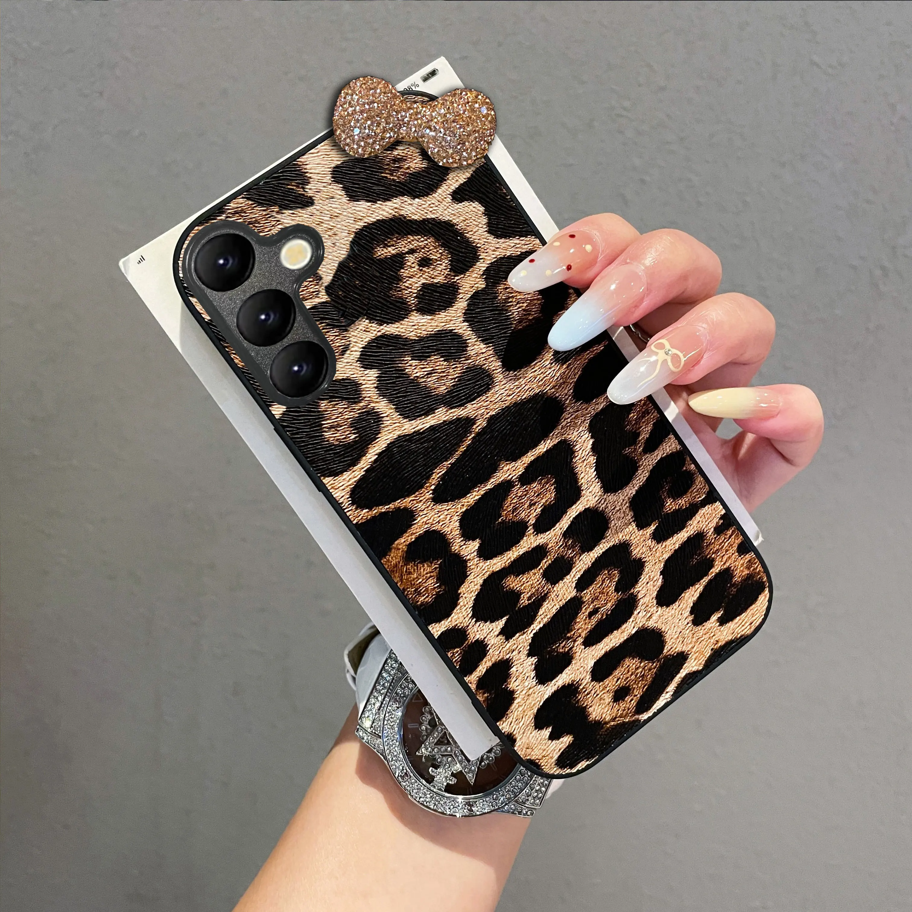 Luxury Leopard Leather 3D Diamond Bowknot Bling Phone Case Cover