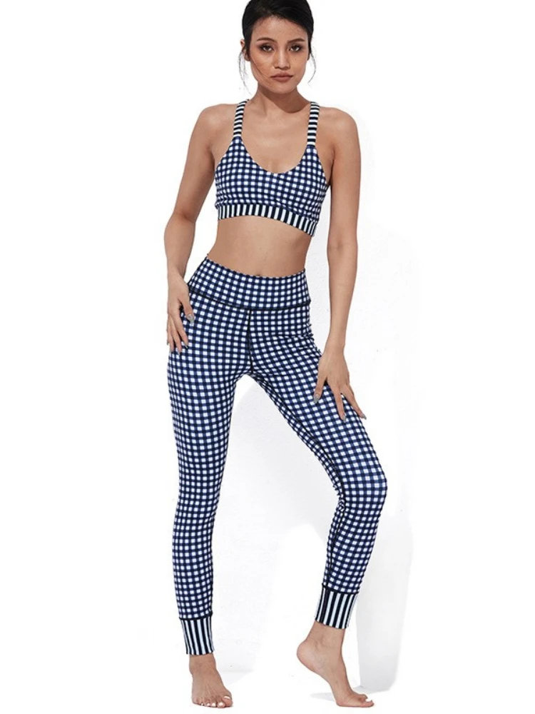 Print Yoga Clothing Suit Women High Waist Hip Fitness Pants Shockproof Bra Sports Two Piece Sportswear Sets Ladies