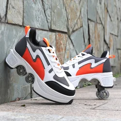 Deformation Four-Wheel Dual-Use Skating Shoes Double Row Parkour Roller Wheel Shoes Unisex Light Sport Running Skating Sneaker