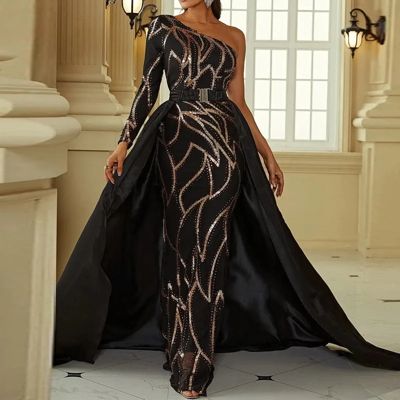 

Новинка 2023, длинное платье с диагональным воротником, соблазнительное облегающее банкетное платье с одним открытым плечом и блестками, элегантное однотонное женское платье для вечеринки