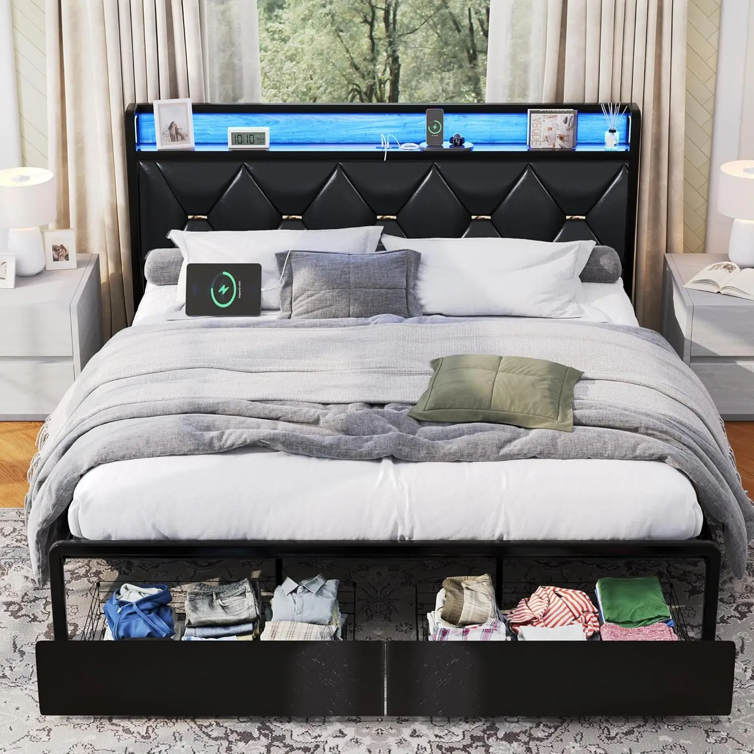 King Size Bed Frame with Headboard and Storage Drawers, Upholstered Black Platform Bed Frame with Storage Typ-C Charging Port 5