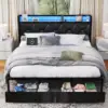 King Size Bed Frame with Headboard and Storage Drawers, Upholstered Black Platform Bed Frame with Storage Typ-C Charging Port 5