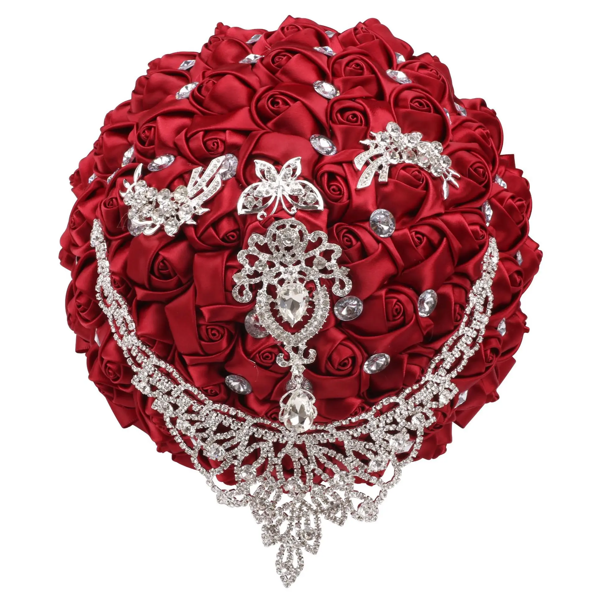 

JaneVini Luxury Rhinestone Beaded Burgundy Bouquets of Flowers Shiny Crystal Silver Jewelry Bride Wedding Bouquet Blumenstrauß