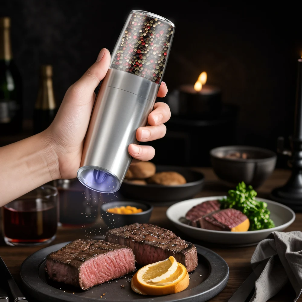 Electric Automatic Salt and Pepper Grinder Set Led Light Adjustable Spice Mill Kitchen Tools
