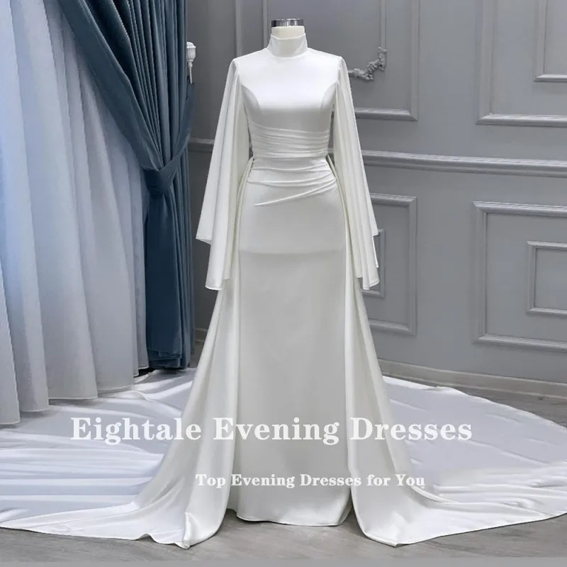 Eightale Muslim Wedding Dress High Neck Satin Customized White Ivory Arabic Bridal Gown Long Sleeves Vestido De Noiva 5