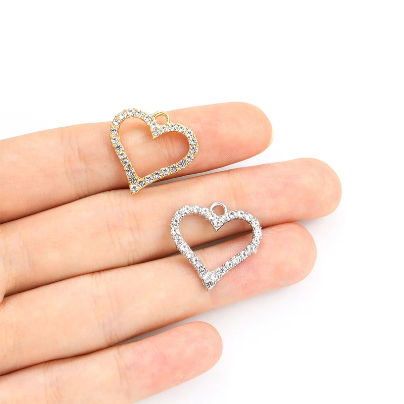 10pcs Simple Trendy Crystal Rhinestones Heart-shaped Charms Couples Jewelry Accessories DIY Necklace Earrings Openwork Pendants