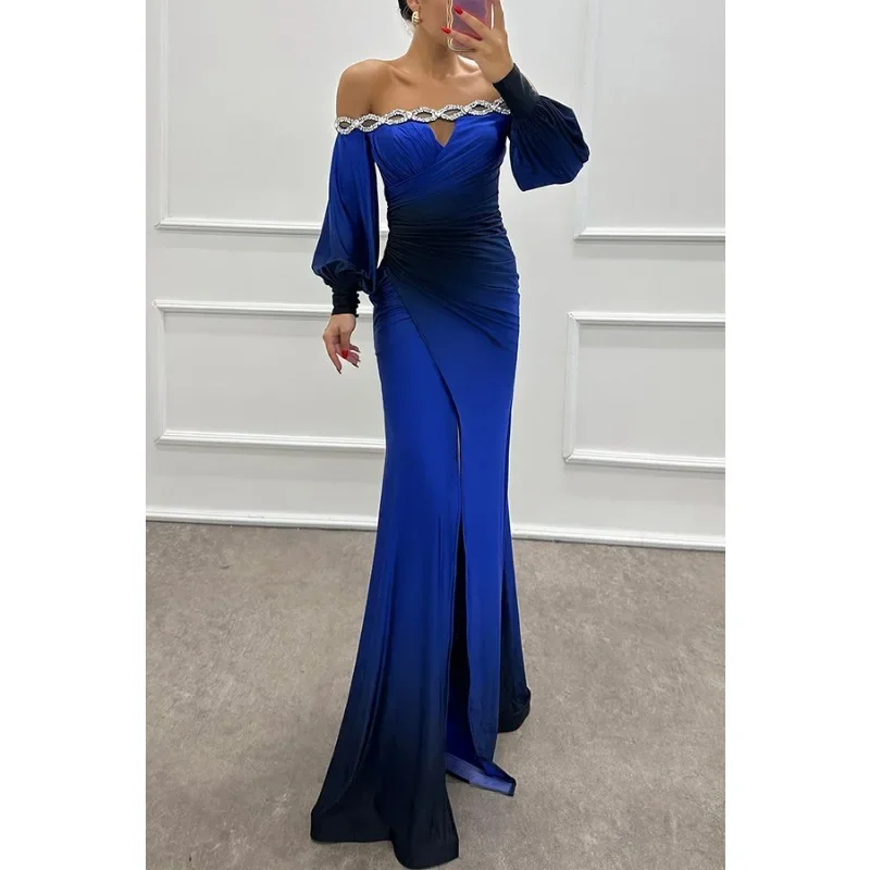 2024 Autumn Winter Women Folds Corset Party Dress Elegant Chic Off Shoulder  Lantern Long Sleeve Graduation Floor Length Dress - AliExpress