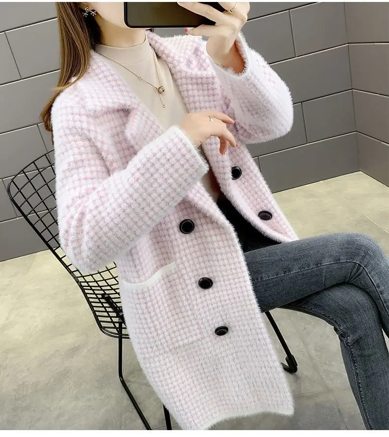 Imitation mink velvet coat women's medium long plaid coat autumn winter thick loose suit collar warm autumn winter coat