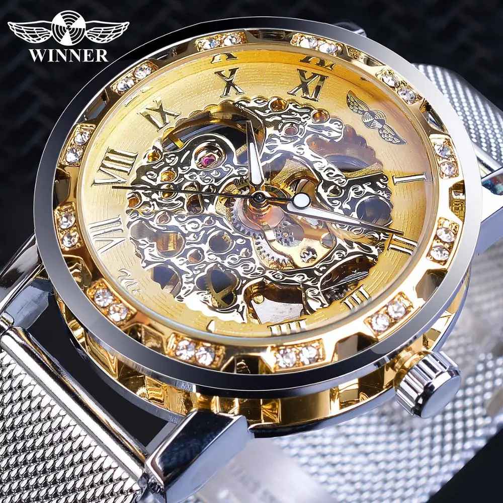 Winner Casual Mechanical Watches For Men Golden Roman Fashion Stainless Steel Belt Mesh Strap Wristwatch Clock Relogio Masculino