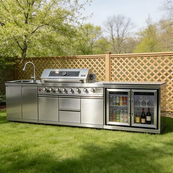 Professional Stainless Steel Outdoor Kitchen Cabinet with Grill, Sink & Fridge 1