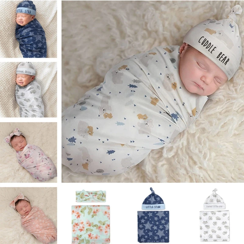 2pcs Newborn Baby Microfiber Swaddle Wrap With Beanie Hat Headwrap Set