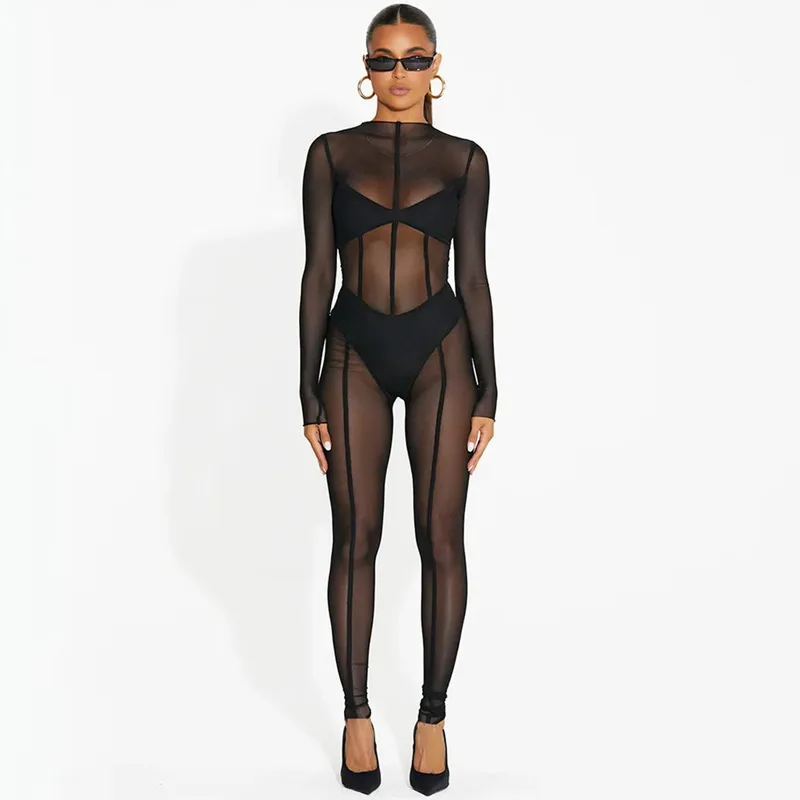 

hirigin Sexy Sheer Mesh Patchwork Jumpsuits Women Fashion Long Sleeve Skinny Black Rompers Fall See Through Night Club Outfit