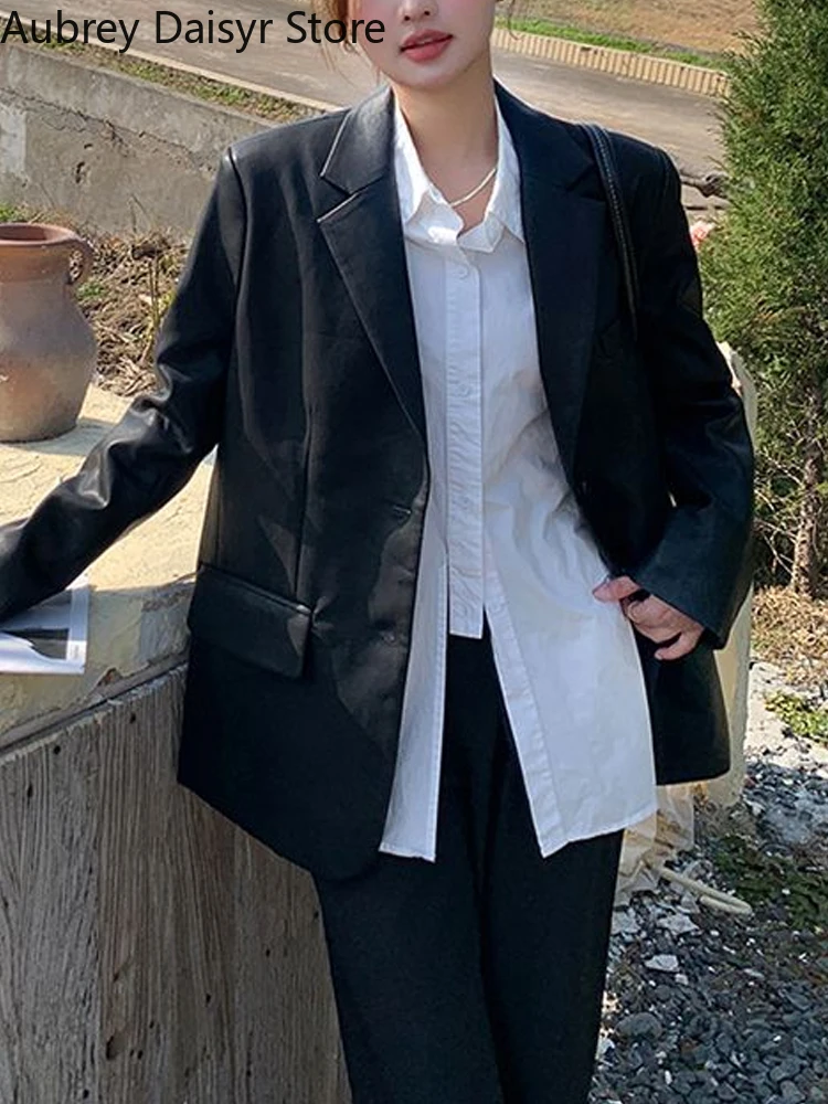 Korean Punk Blazer Leather Jacket Women Winter Vintage Loose Blazer Leather Jacket Casual Streetwear Moto Biker Leather Coat New