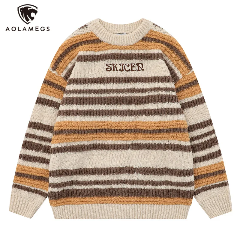 

High Street Hit Color Striped Letter Embroidery Sweater for Men Oversized O-neck Knitted Pullover Autumn Men and Women Knitwear