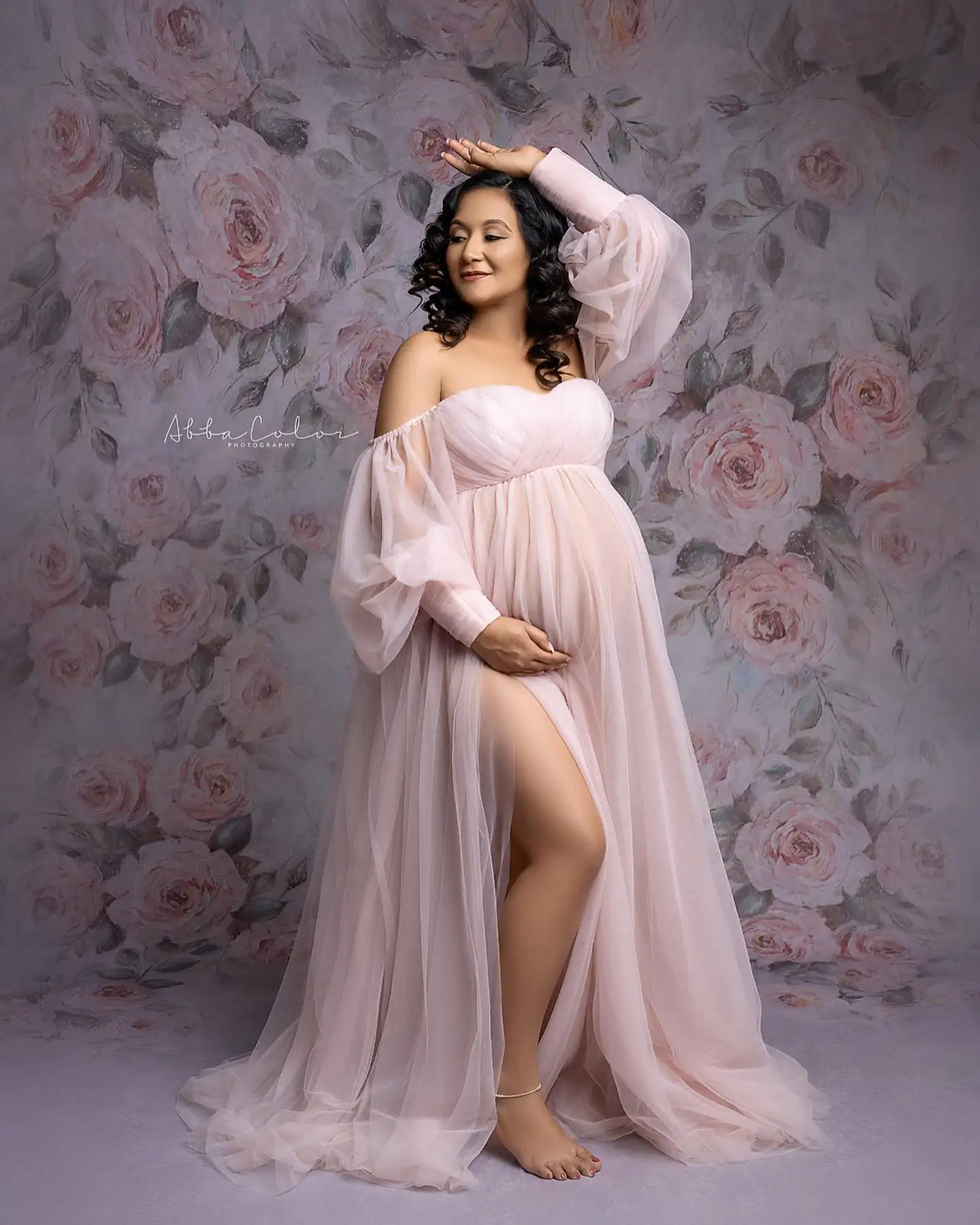 

Pink Maternity Robes Off Shoulder Sweep Train Pregnant Women Dressing Sexy Long Sleeves Photography Evening Baby Shower Gowns