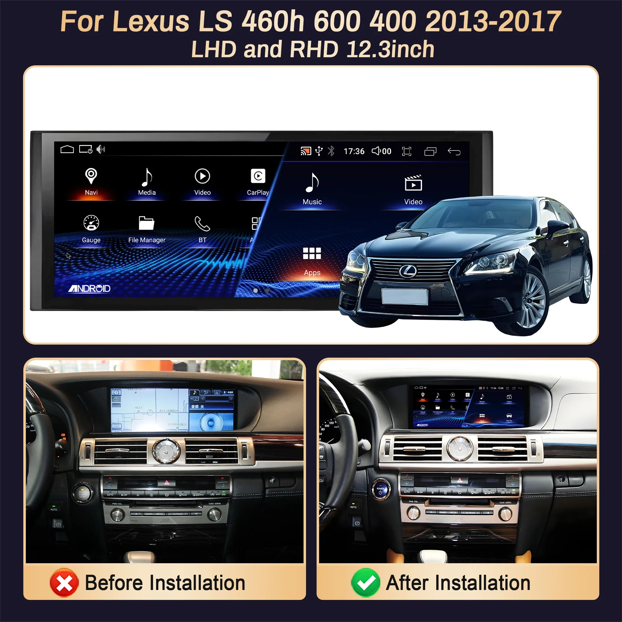 12,3 "para Lexus LS 460h 600 400 2013-2017 LHD y RHD Radio de coche inalámbrico CarPlay Multimedia pantalla Snapdragon 680 2