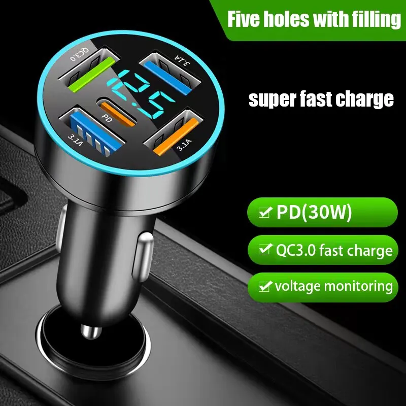 Car Charger PD66W QC3.0 Fast Charge One to Four Car Cigarette Lighter Plug 5 Port Charger Flash Charge Digital Display