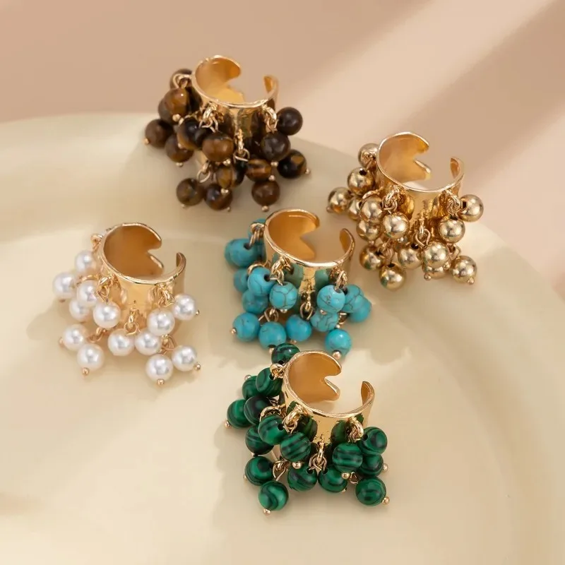 Vintage Natural Stone Beads Tassels Pendant Open Ring for Women Luxury Gold Color Rings Wedding Party Boho Jewelry