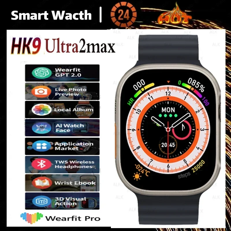 HK9ultra2max AMOLED Smart Watch Men Women ChatGPT NFC Smartwatch 2GB ROM Dynamic Island Ai Watch Face pk hello3+ ultra HK9, smart watch