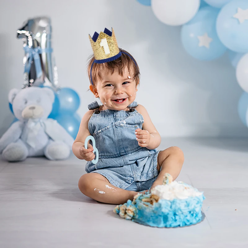 Baby 1st Birthday Party Hat Princess Crown Glitter Headband Kids Baby Boy Girl One Year Birthday Decoration Supplies Photo Props