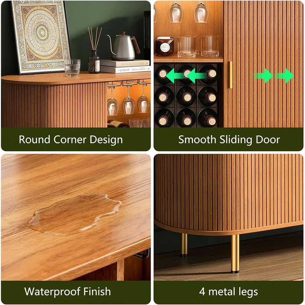 55 Wine Bar Cabinet with Storage, Fluted Liquor & Coffee Bar Cabinet with Wine Rack and Glass Holder, et Sideboard LED