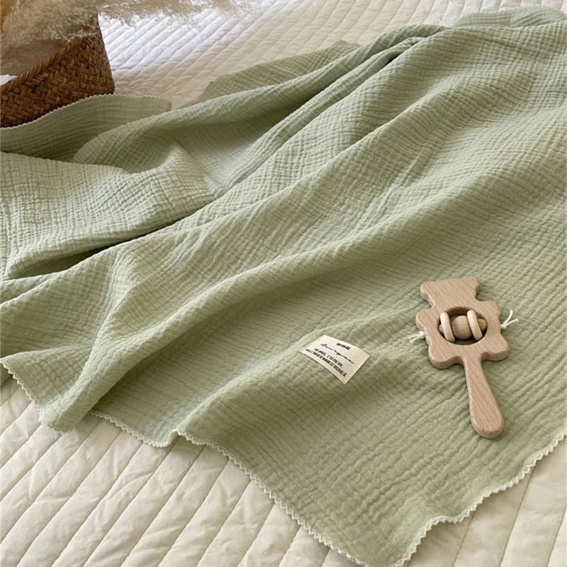 Pure Cotton Muslin Baby Blanket Solid Color Lace Edge Newborn Swaddle Wrap Infant Receiving Blanket Double Layers Kid Bath Towel