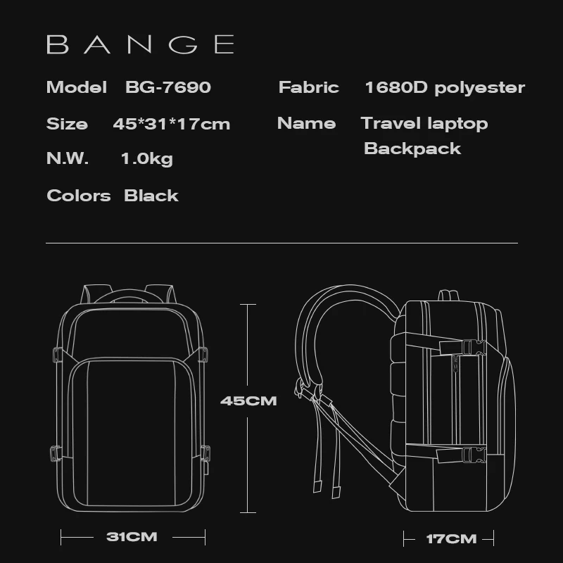 BANGE Sac à dos antivol avec port de charge USB, sac à dos d