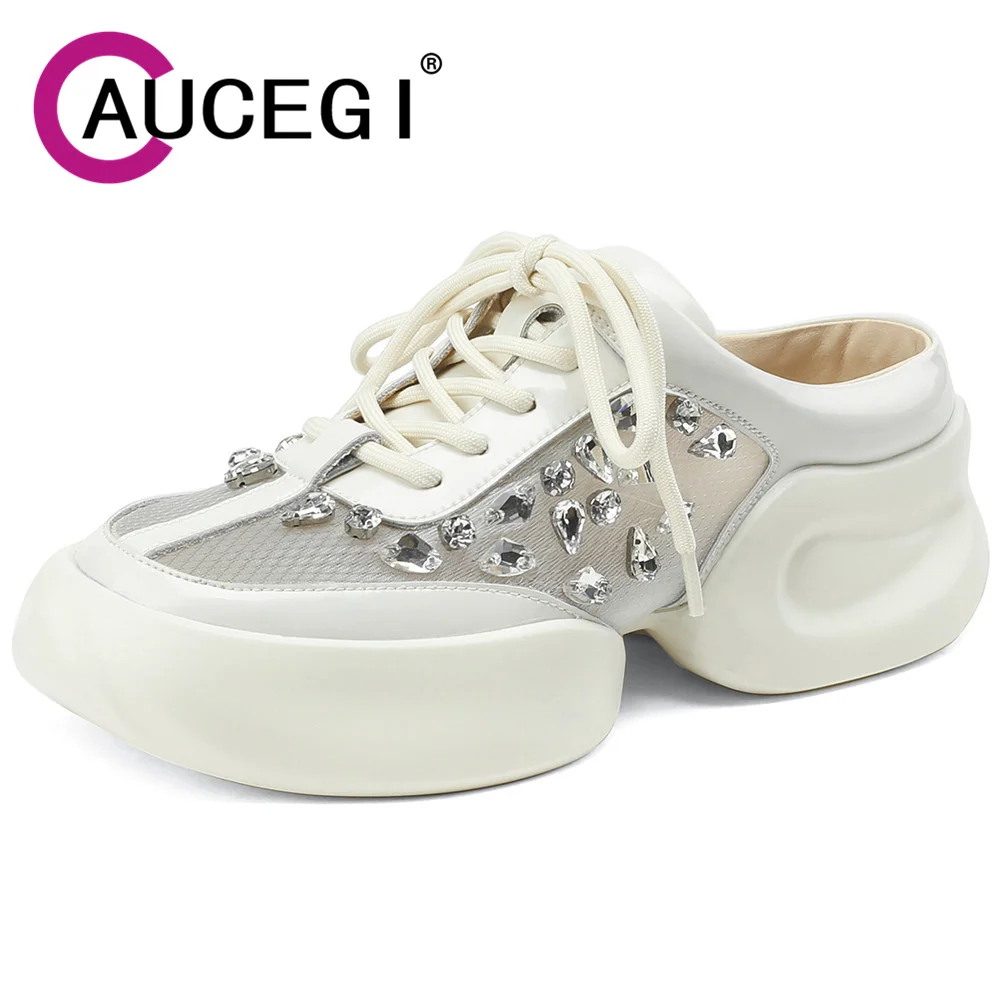 

2023 Mesh Designer Trainers Crystal Sneakers Platform Lace Up Thick Bottom Chunky Women Round Toe Vulcanized Casual Shoes