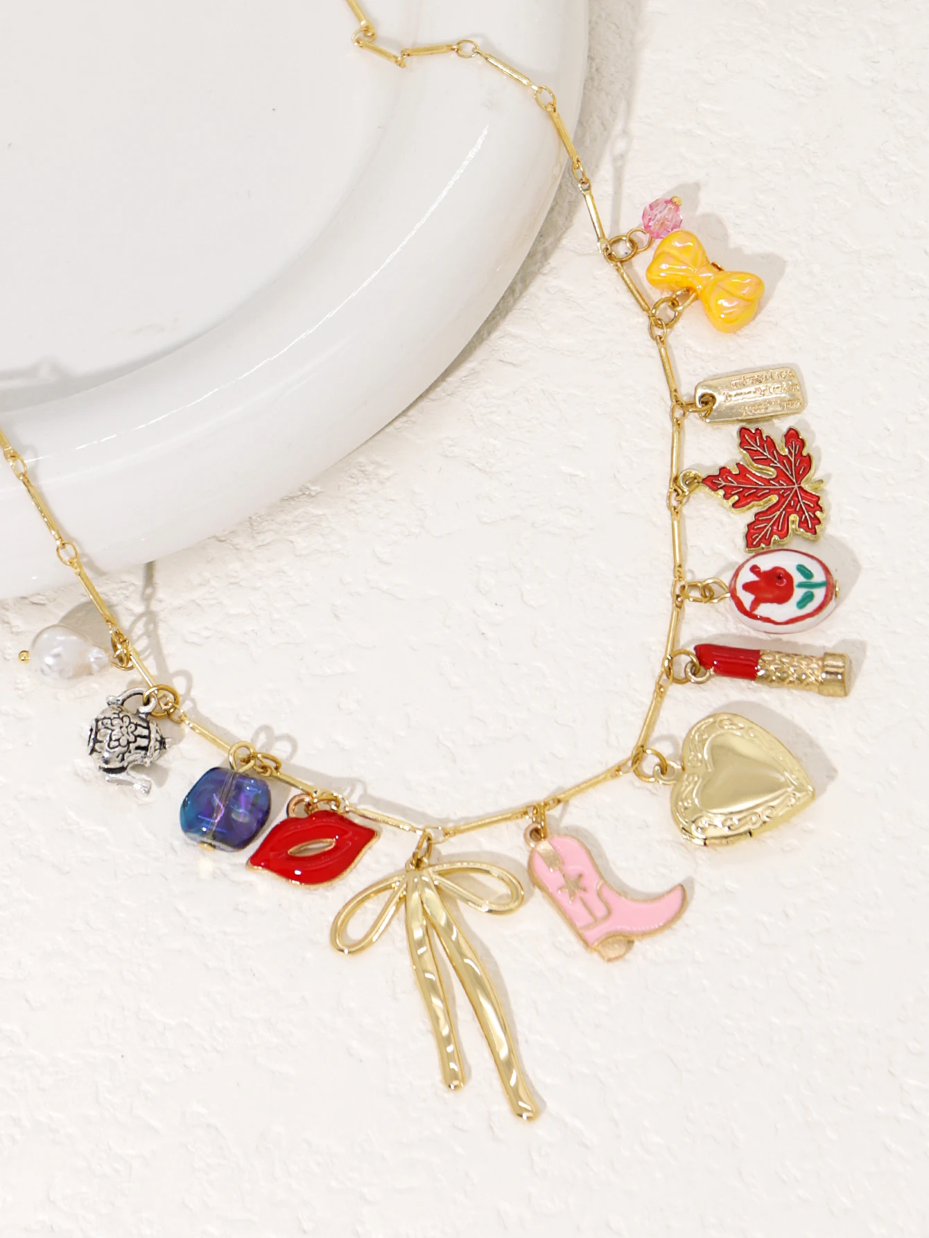 Sexy Red Lips Bow Cowboy Boots Pendant Womens Necklace