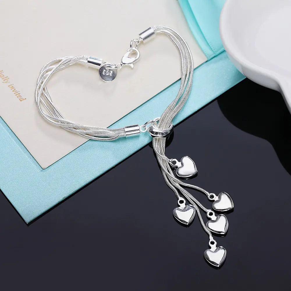 YANNEY 925 Sterling Silver Sweet Heart Bracelet Necklace Set For Women Fashion Charm Wedding Engagement Jewelry Set 4