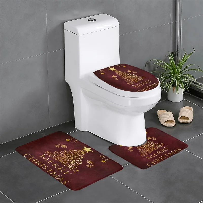 3-piece non slip christmas happy pattern bathroom mat set, bathtub carpet, toilet U-shaped mat, toilet cover, bathroom decoratio