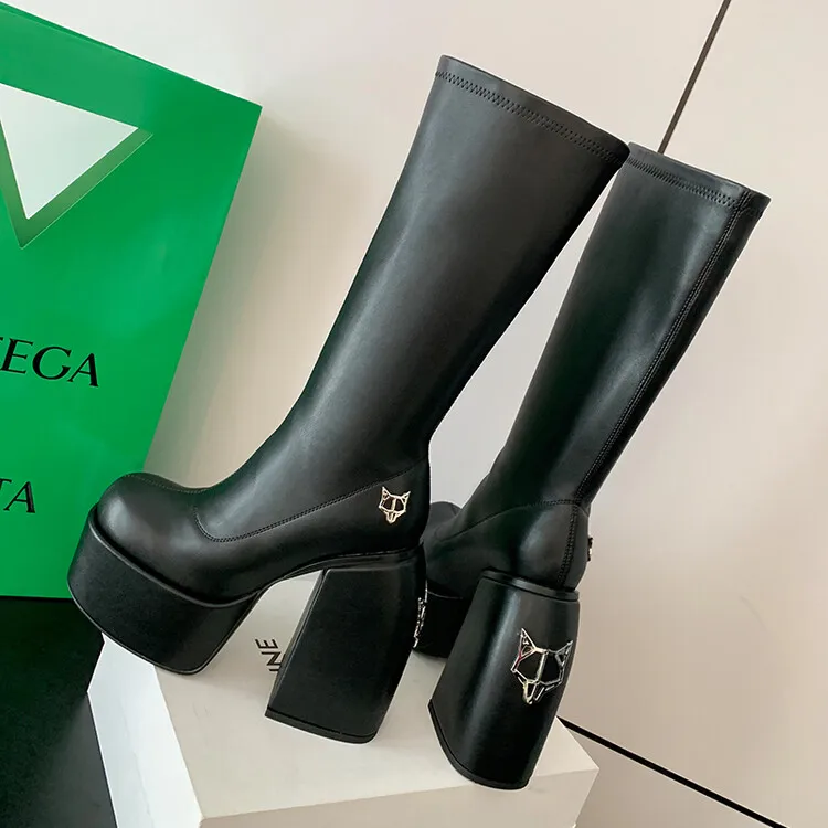 

Punk Style Metal Fox Accessories Locomotive Boots Retro Round Head Thick Heel Sleeve Super High Heel Sexy Women's Boots for Bar
