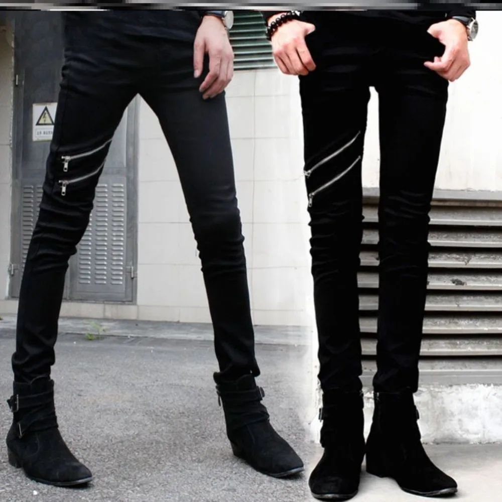 Casual Zipper Designer Men's Jeans Denim Pants Spring and Autumn Korean New Trendy Black Slim Elastic Pencil Trousers Male