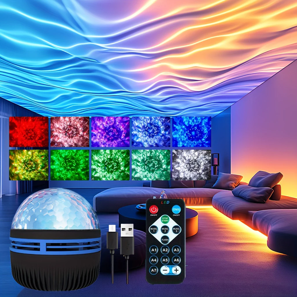 LED Starry Sky Galaxy Ocean Wave Projector Light Remote Control 7Modes Night Lamp USB Plug-in Auto Rotate for Room Ceiling Party