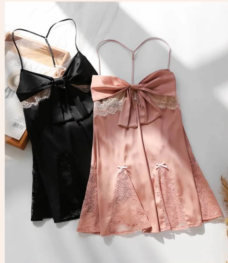 Sexy sweet bow see-through pajamas women's thin hollow beauty back passion temptation sexy lace suspender nightdress
