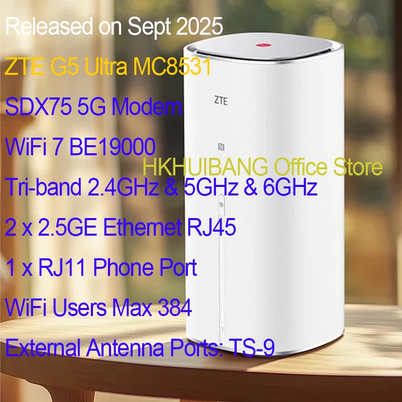 ZTE 5G-A CPE G5 Ultra MC8531 Wi-Fi 7 Tri-bands Be19000 Wireless