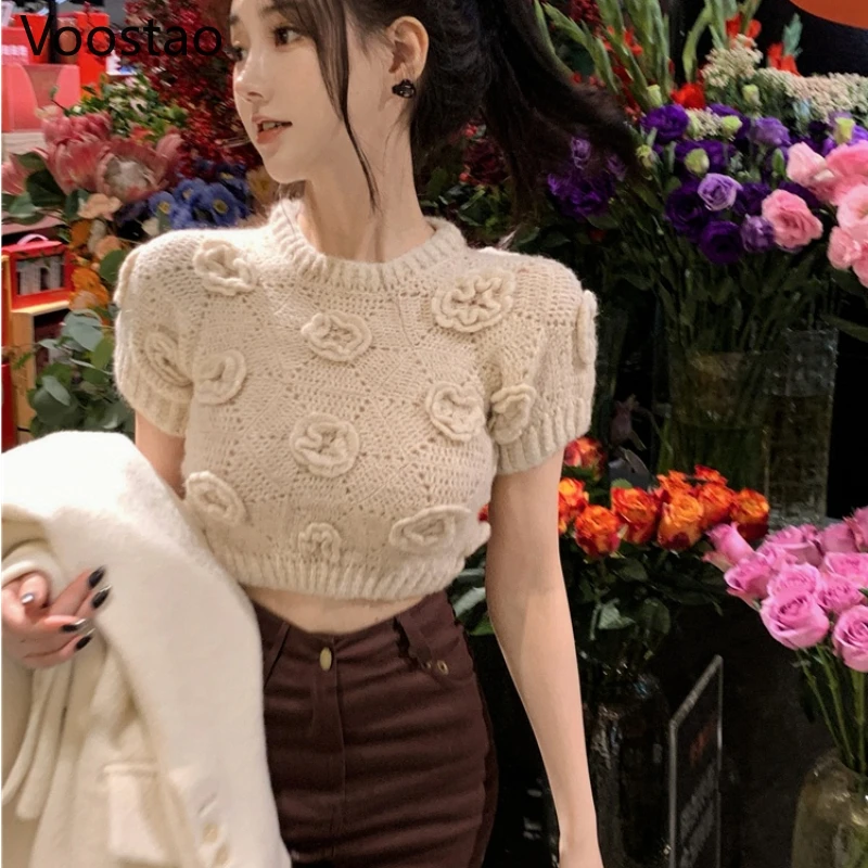 

Fashion Floral Sweater Women Sexy Knitted Short Sleeve Pullover Tops Girls Sweet Cute O-Neck Y2K Crop Tops Ladies Slim Knitwear