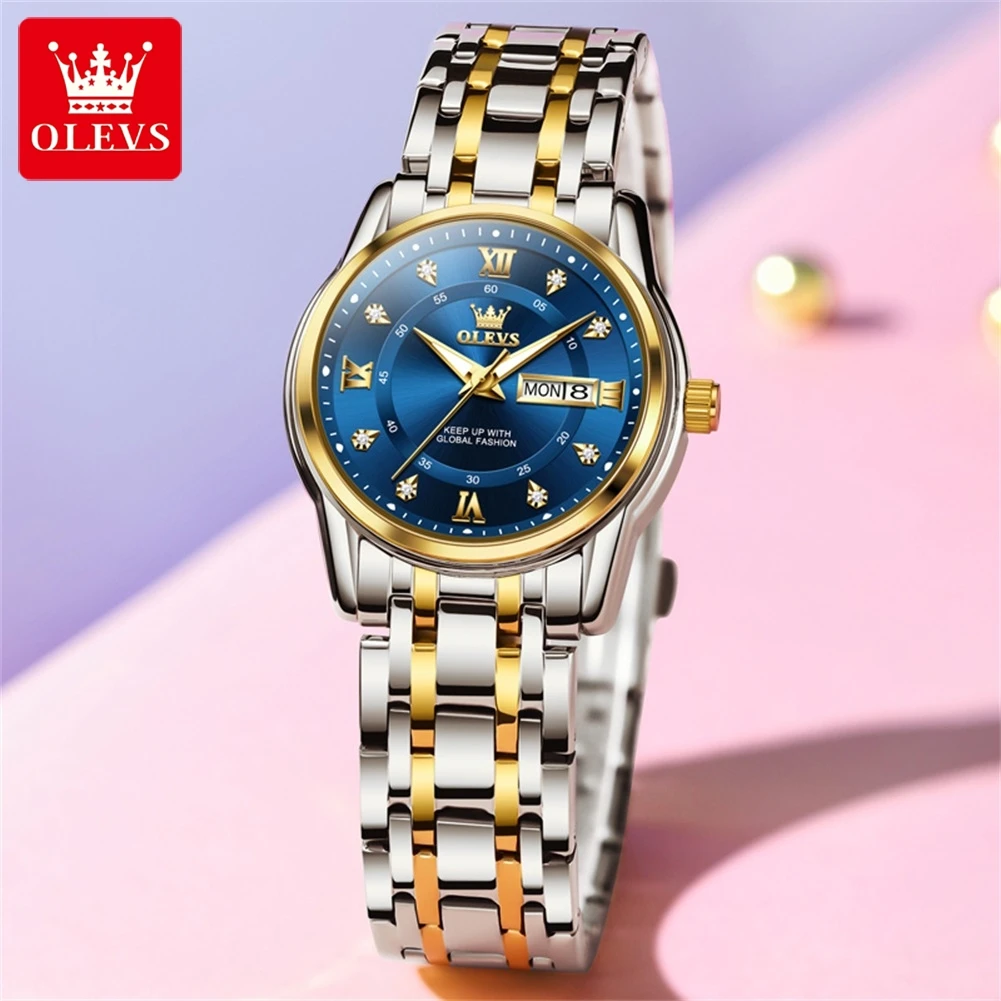 OLEVS Ladies Luminous Date Waterproof Quartz Watch Stainless Steel Dress Bracelet Wristwatch Women's Relogio Feminin
