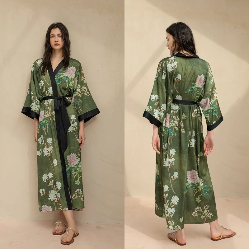 Print Flower Robe Long Bigsize Kimono Bathrobe Gown Women Rayon Sleepwear Loungewear Summer Spring Sleepdress Satin Nightwear
