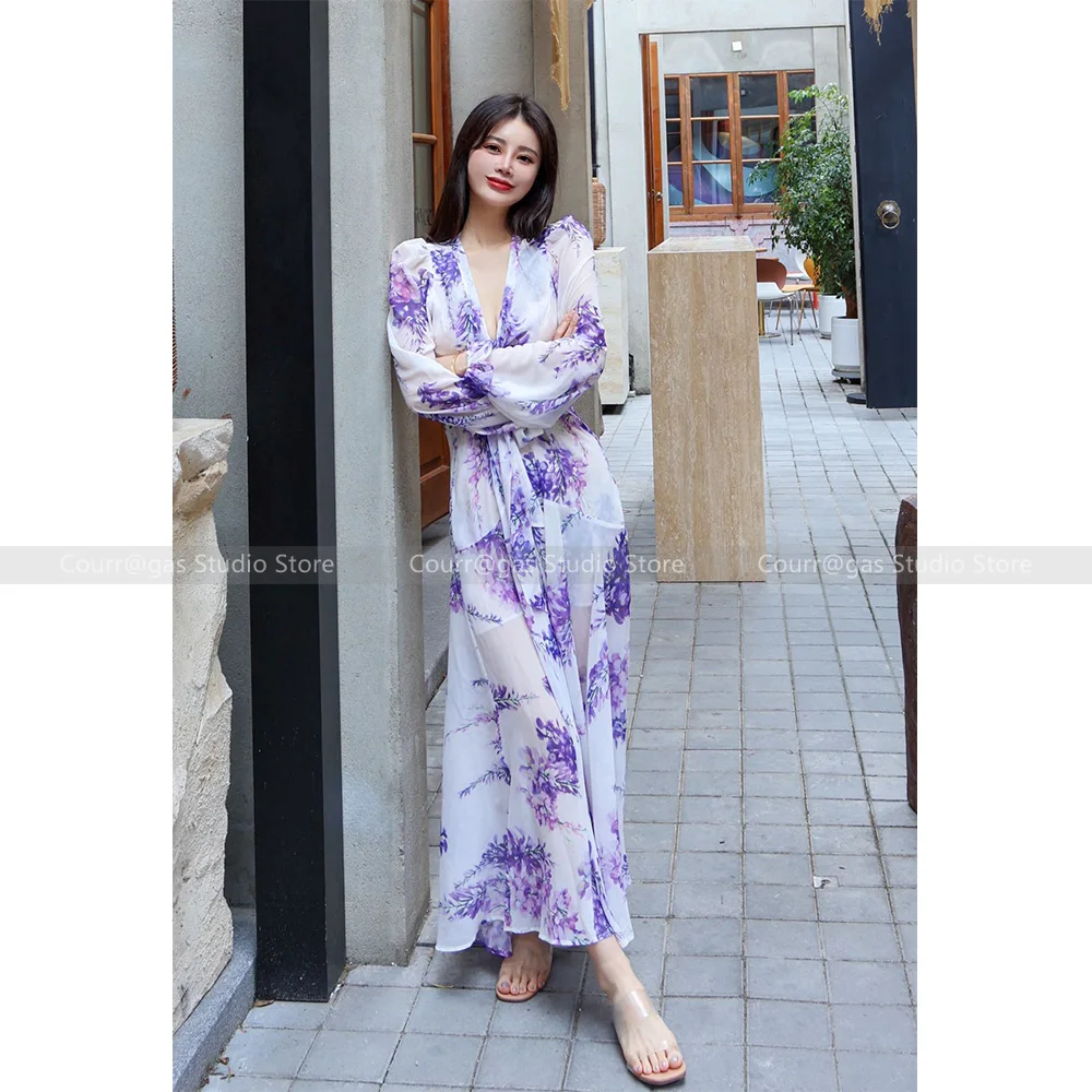 

Purple Printed Tie Long Sleeve Dress Women 2024 Summer New Temperament Sexy V-Neck Split A-line Dresses