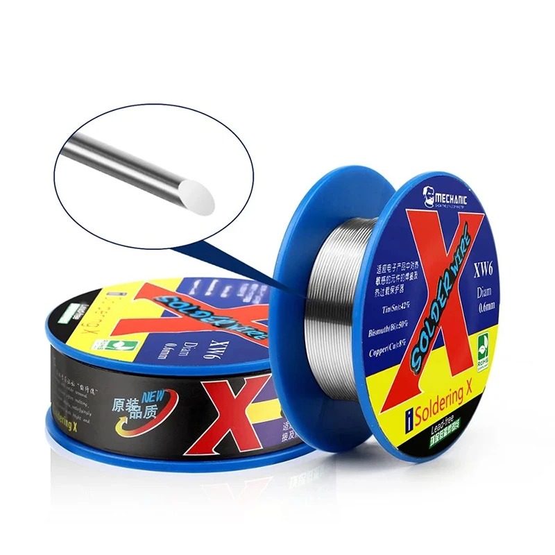 Soldering Wire Soldering Tin Wire MECHANIC XW 0.5/0.6mm 50g Mild Rosin Core Lead-Free Sn42/Bi50/Cu8 138℃ Low Melting Point High-Purity Solder Wire Soldering Flux
