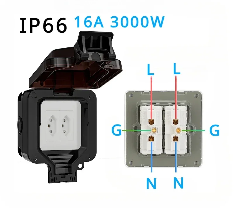 

BR Outdoor Waterproof Electrical Socket 2 Outlets IP66 16A 4000W Brazil Surface Mounted AC110~250V Garden Power Wall Sockets
