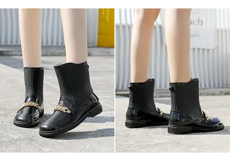 Neue Mittlere Waden Regen Stiefel frauen Original Marke Metallic Galoschen Frau Trendy Rainshoes Damen Plüsch Gefüttert Wasser Schuhe Niedrigen absätzen – Detail 30