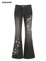 Weekeep Floral Embroidery Jeans Vintage 2000s Low Rise Flared Jeans Women Retro y2k Baggy Denim Pants High Street Basic Trousers - Image 6