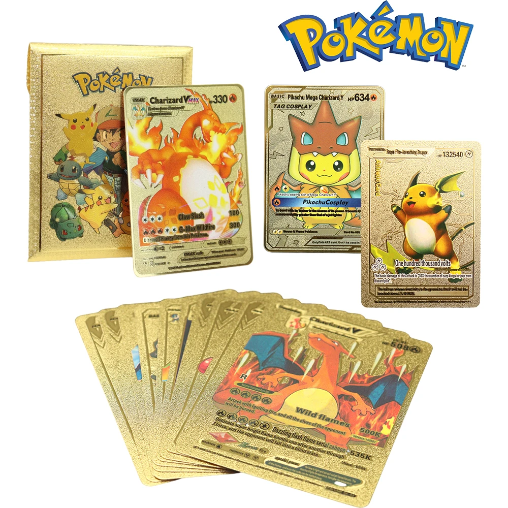 Compra online de Francês/inglês/espanhol metal pokemon cartões 55 pçs/caixa  ouro prata preto batalha trainer cartão de energia brinquedos para adultos  crianças presente