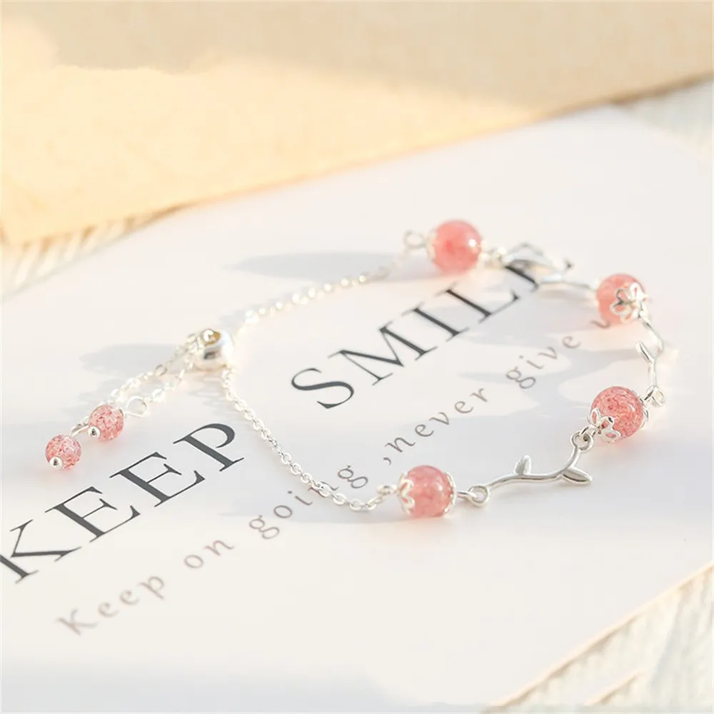 2024 Charm 925 Sterling Silver Fashion Pink Natural Bead Strawberry Crystal Chain Bud Bracelet For Women Classical Jewelry Gift