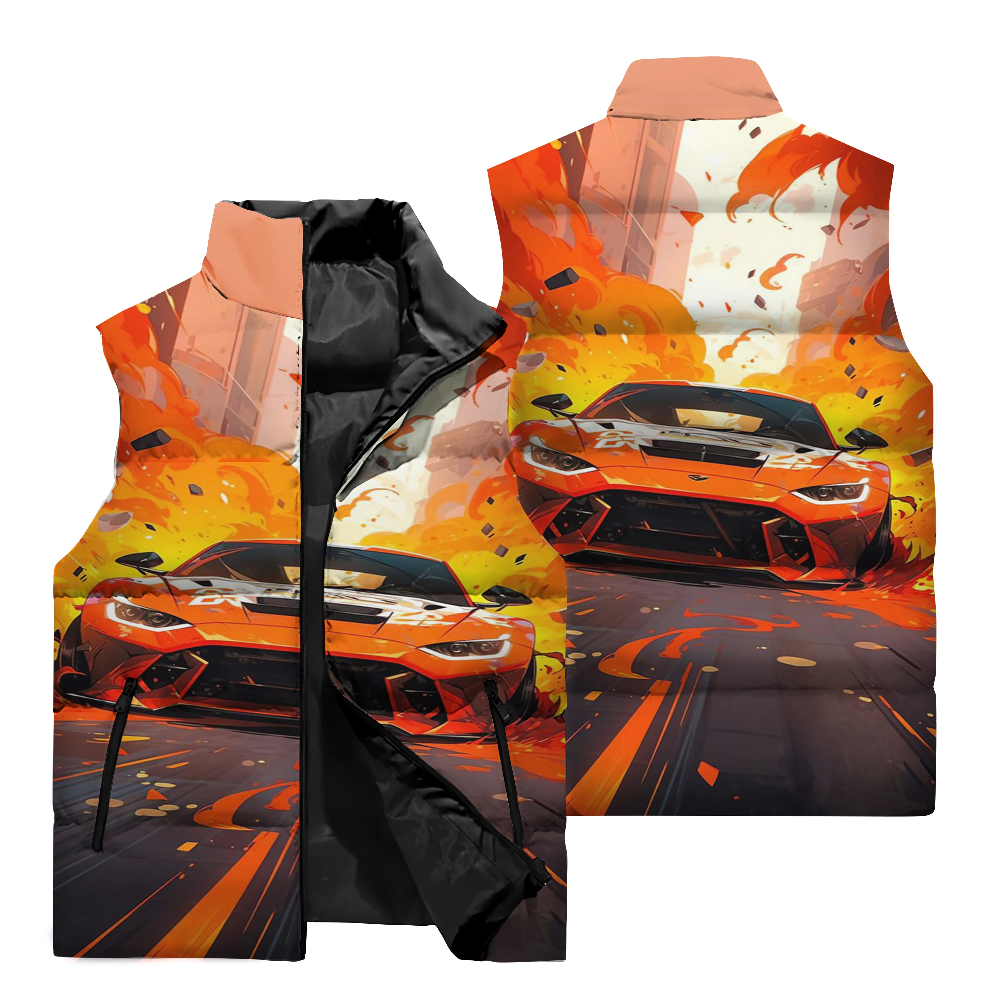 thumbnail image 1 of Chaleco cálido resistente al viento con cuello alto y cremallera con estampado de coche deportivo clásico en 3D para hombre, para viajes al aire libre en la calle, pelea de bolas de nieve, 1 of 5