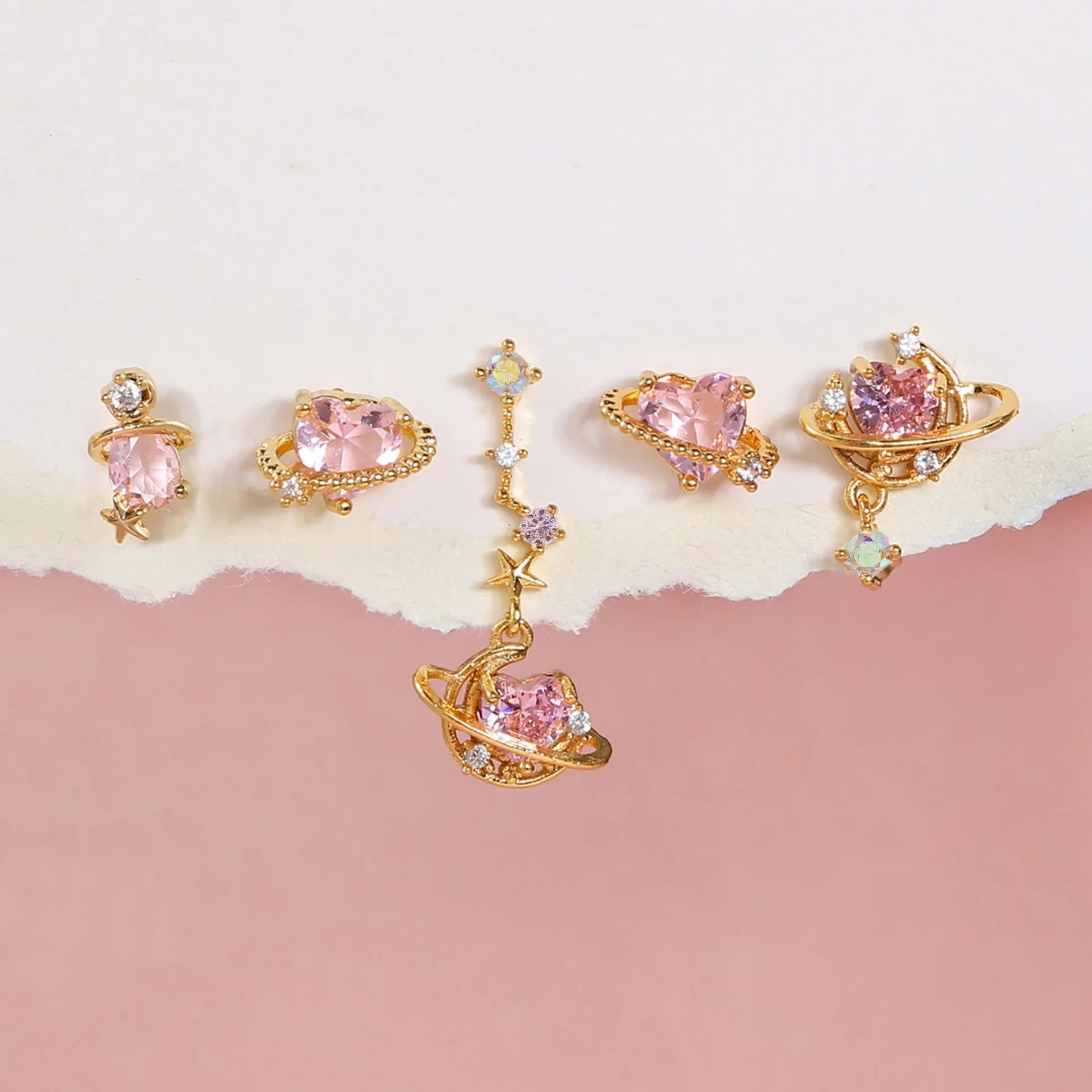 

Stud Earring For Women Fashion 5PCS/Set Cute Pink Star Moon Love Heart Earring Wedding Engagement Jewelry Gifts