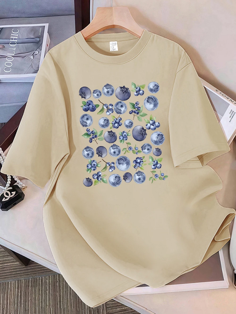 Sommer-T-Shirts aus 100 % Baumwolle für Damen, frische Blaubeerfrüchte, bedruckt, Oberteile, weiches, lockeres T-Shirt mit O-Ausschnitt, Urlaub, lässige Damenkleidung – Detail 11