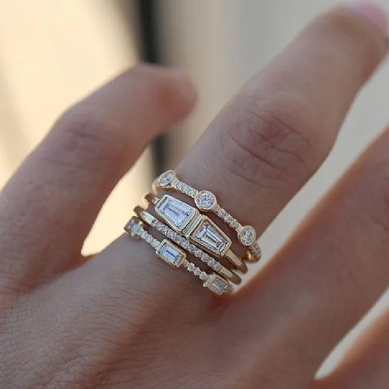 Ring Set 4 pcs/set Geometric Gold Color Combination Round Zircon Crystal for Women Engagement Party Wedding Rings Hand Jewelry